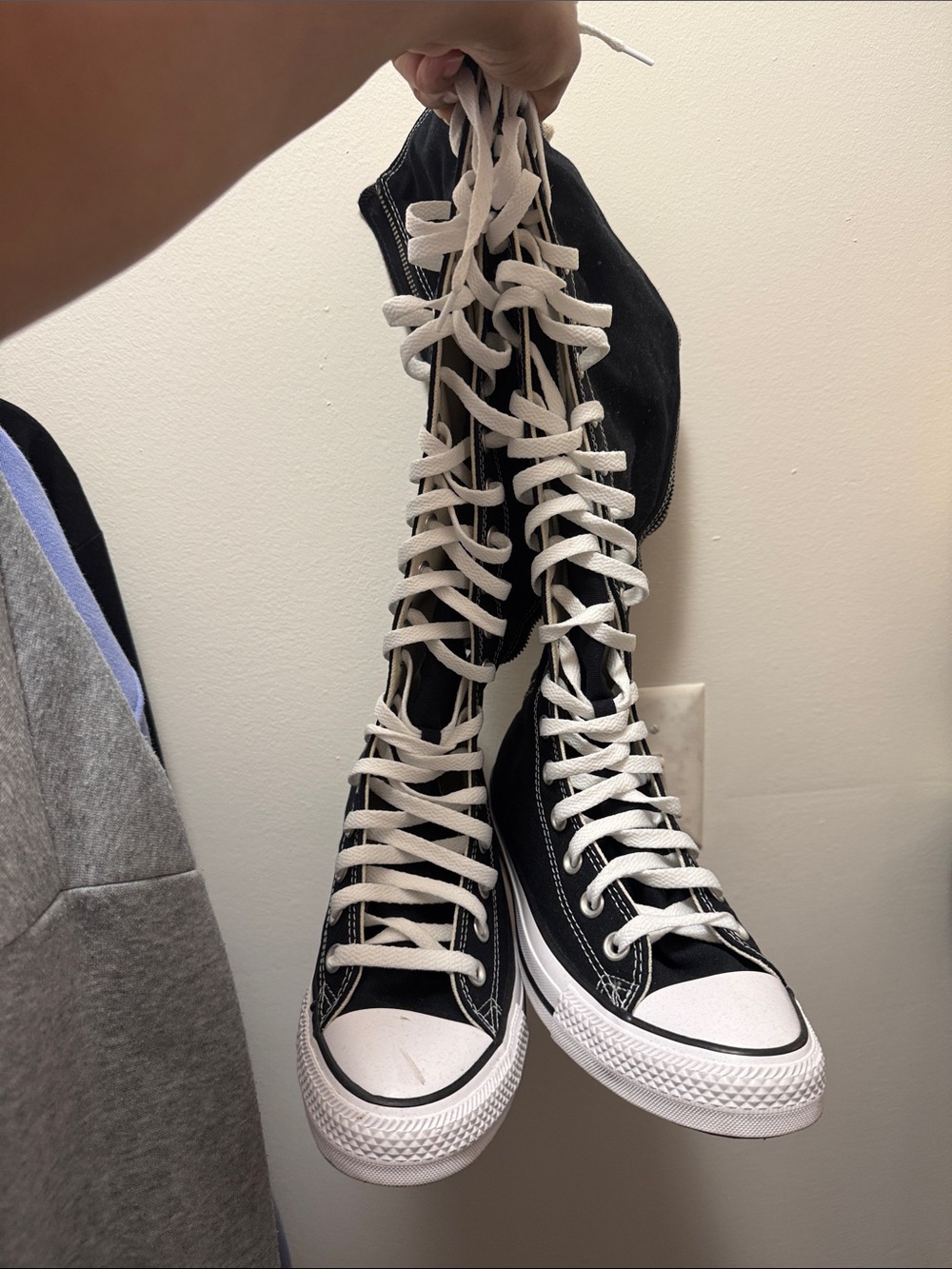 Tall Black Lace-Up Canvas Boots with White Laces